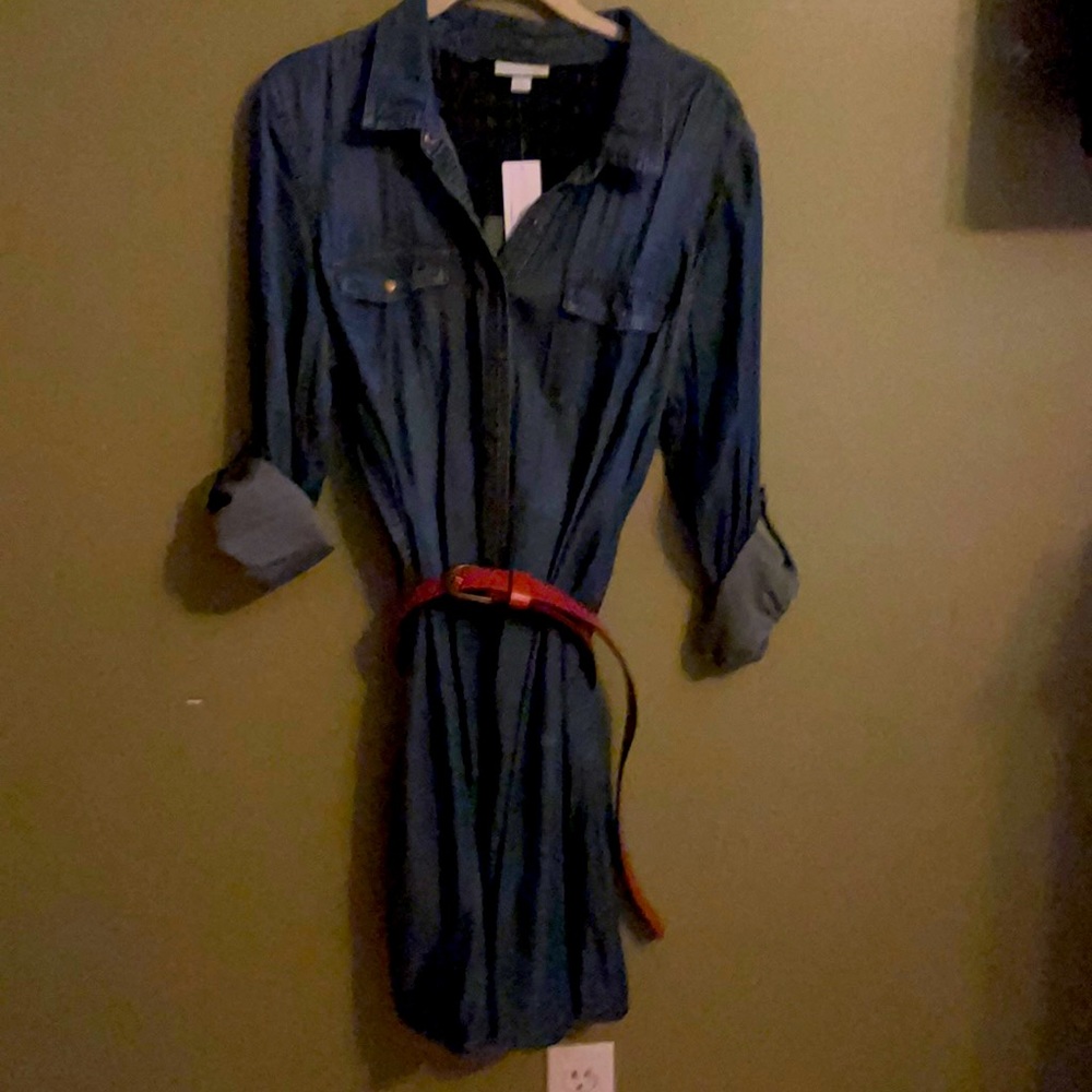 Womans jean dress with belt.